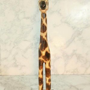 Solid Wood Hand Carved Giraffe Figurine On Wood Stand